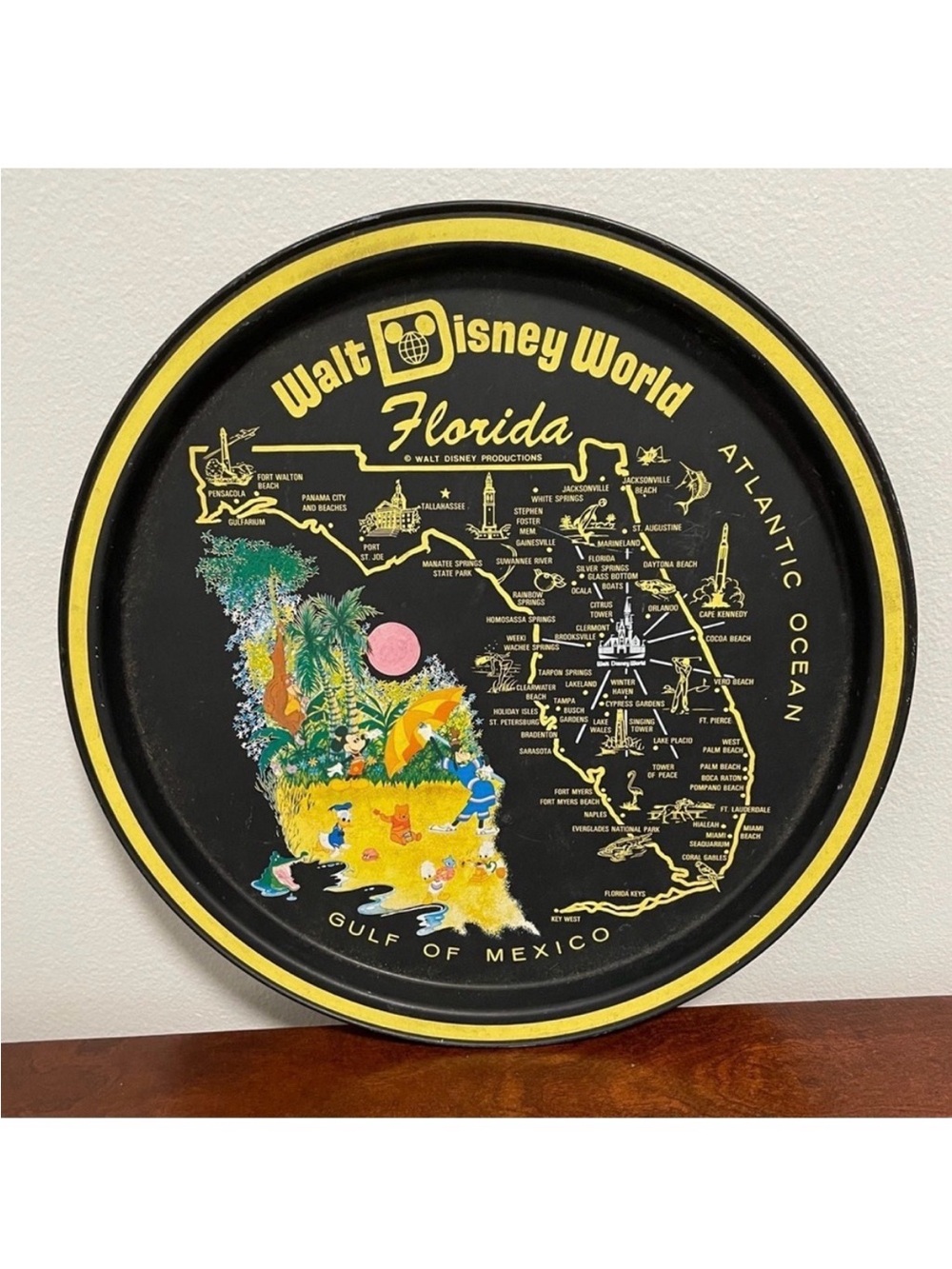 Vintage Walt Disney World Florida Tin Tray Black Metal Plate Mickey Collectible